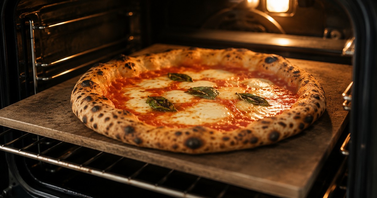 Pizza in stile napoletano in cottura nel forno di casa